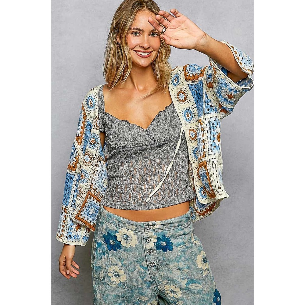 POL Granny Square Crochet Patchwork Tie Front Cardigan Blue Cream One Size NWOT
